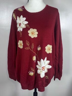 Alfred Dunner Sz 1X Red Embroidered Beaded Floral Long Sleeve Wool Blend Sweater